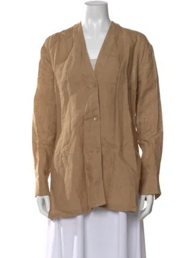 Pre-owned Fendi Linen V-neck Button-up Top In Neutral