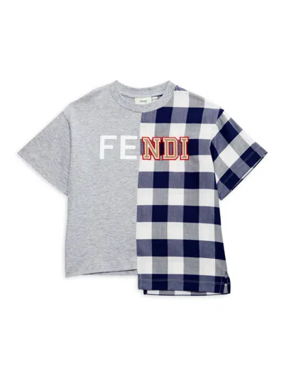 Fendi Kids' Boy's Two-tone Logo Asymmetrical T-shirt In Blue