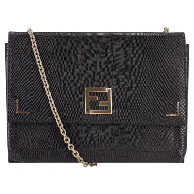 Pre-owned Fendi Lizard Embossed Calfskin Leather Wallet On Chain In Black