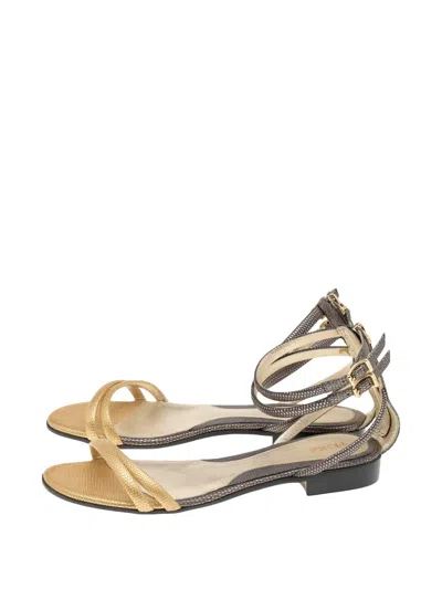Pre-owned Fendi Lizard-embossed Ankle-strap Sandals In Black