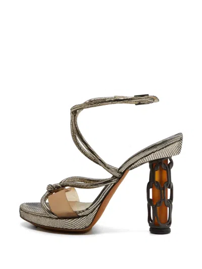 Pre-owned Fendi Lizard-embossed Chain-cage Heeled Sandals In Gray