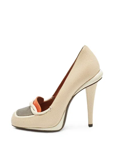 Pre-owned Fendi Lizard-embossed Heeled Pumps In Neutrals
