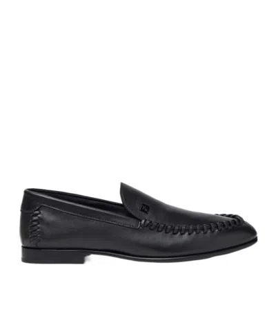 Fendi Men Leather Loafers With Metal Ff Logo In Black