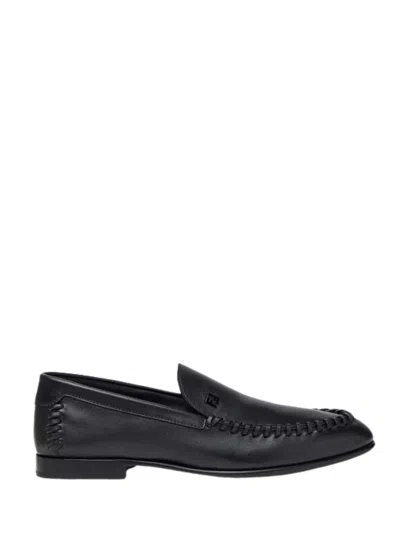 Fendi Men Leather Loafers With Metal Ff Logo In Black