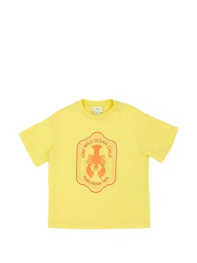 Fendi Kids' Lobster-print Crew-neck T-shirt In Yellow