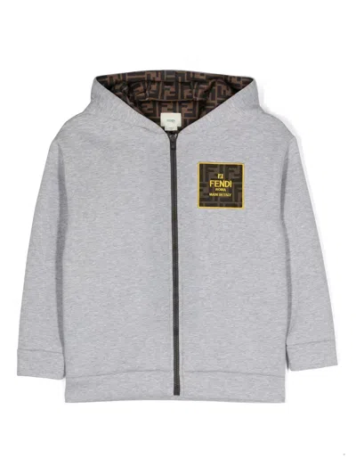 Fendi Kids' Logo-appliqué Mélange Hooded Jacket In Grey