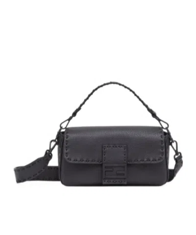 Fendi Men Baguette Leather Shoulder Bag With Selleria Stitchings In Black