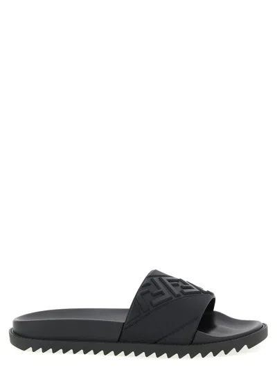 Fendi Rubber Slides With High Strap And Embossed Ff Motif Shoes In Black
