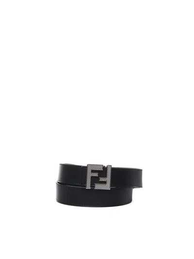 Fendi Logo Belt In Calfskin In Black, Palladium