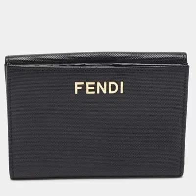Pre-owned Fendi Logo Black Leather French Wallet