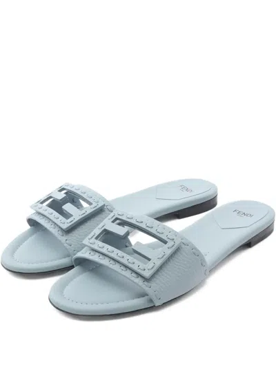 Pre-owned Fendi Logo-buckle Leather Flat Sandals In Blue