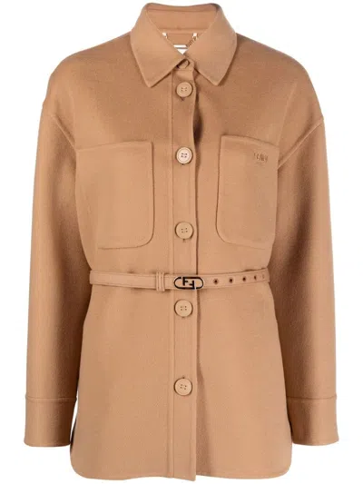 Fendi Logo-buckle Single-breasted Coat In Nude