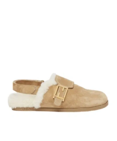 Fendi Logo Buckle Slippers In Brown