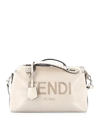 Pre-owned Fendi Logo By The Way Satchel Embossed Leather Medium Shoulder Bag In Neutrals