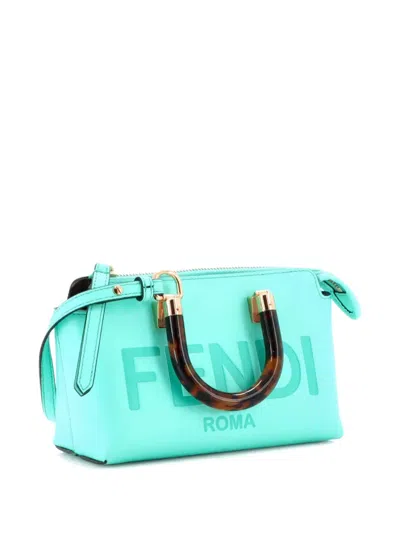 Pre-owned Fendi Logo By The Way Top Handle Bag Embossed Leather Mini Crossbody Bag In Blue