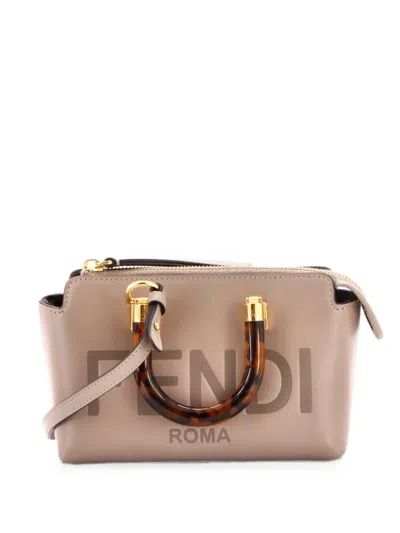Pre-owned Fendi Logo By The Way Top Handle Bag Embossed Leather Mini Crossbody Bag In Gray