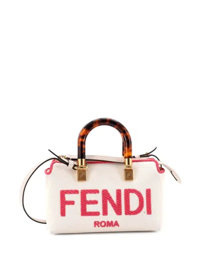 Pre-owned Fendi Logo By The Way Top Handle Bag Embroidered Canvas Mini Satchel In Pink