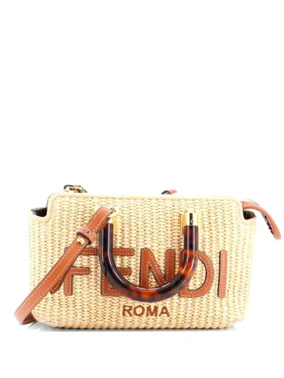 Pre-owned Fendi Logo By The Way Top Handle Bag Raffia Mini Satchel In Neutral