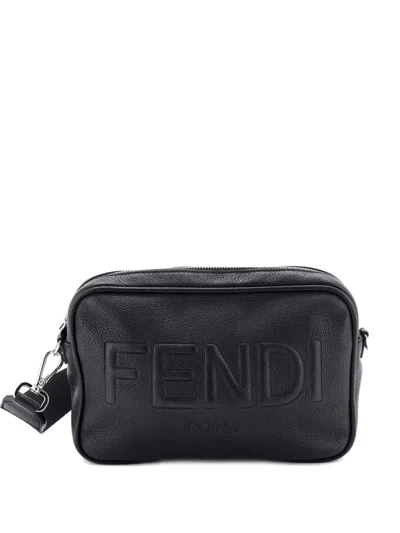 Pre-owned Fendi Logo Camera Bag Embossed Leather Crossbody Bag In Black