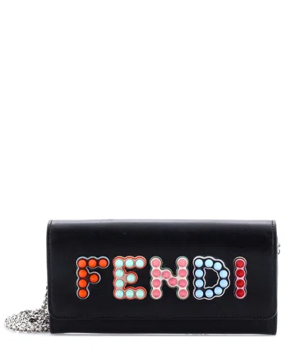 Fendi Logo Continental Wallet On Chain Studded Leather (authentic Pre-loved)