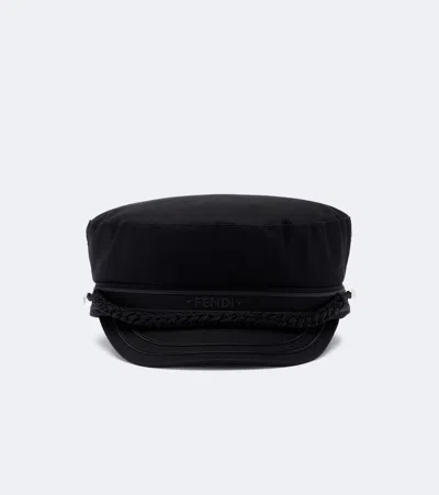 Fendi Logo Cotton Newsboy Hat In Black