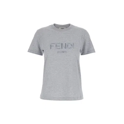 Fendi Grey Crewneck T-shirt With Logo Detail On The Front In Cotton Woman In Gray