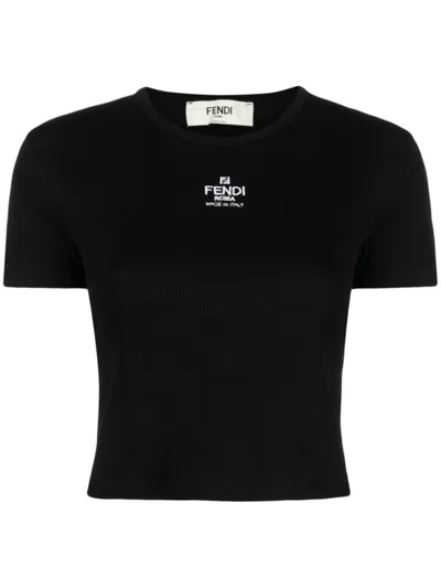 Fendi Women T-shirt A Coste Cropped Con Dettaglio Logo In Cotone Stretch Nero Donna In Black