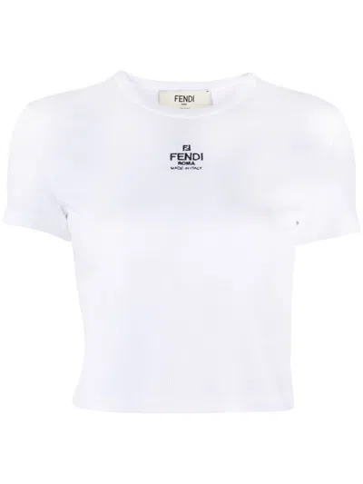 Fendi Women White Ribbed Crop T-shirt With Logo Embroidery In Cotton Woman