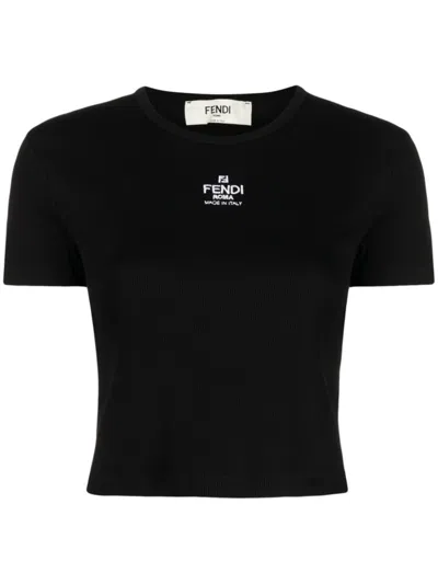 Fendi Women T-shirt A Coste Cropped Con Dettaglio Logo In Cotone Stretch Nero Donna In Black
