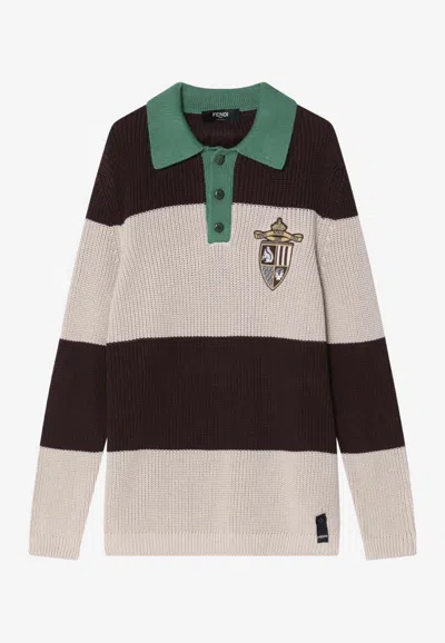 FENDI LOGO CREST LONG-SLEEVED KNITTED POLO T-SHIRT