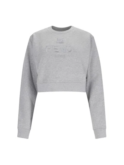 Fendi Logo Cropped Sweatshirt In Grey Melange+biscuit