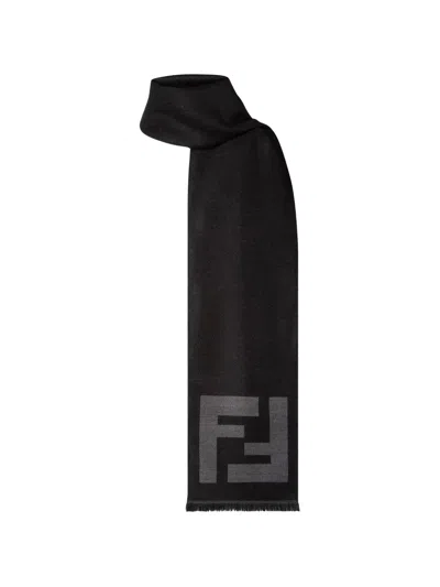 Fendi Ff Logo Scarf Rectangular Shape Fringed Edges In Black