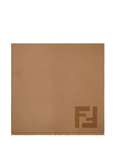 Fendi Logo Ff Scarf Soft Texture Fringe In Brown