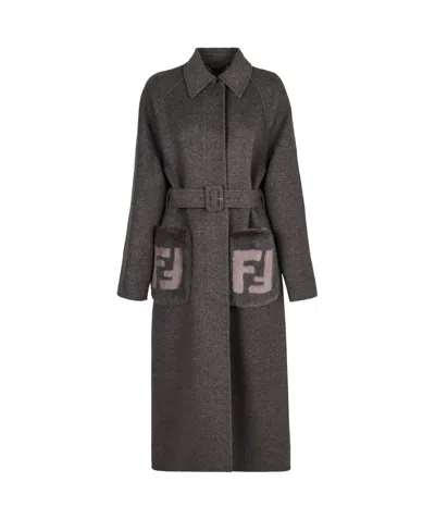 Fendi Logo Detailed Belted Coat In Black