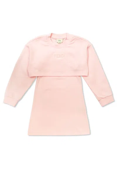 Fendi Kids' Logo Detailed Long Sleeved Dress In Rosa