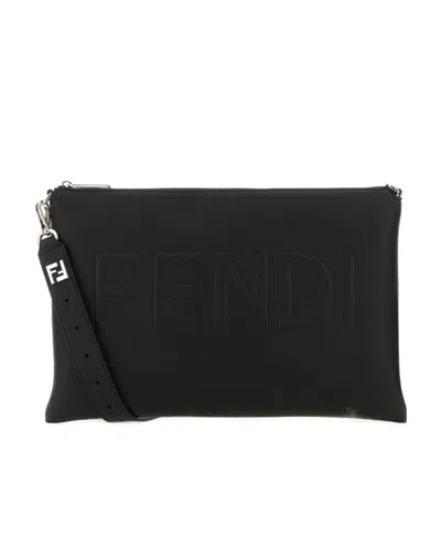 Fendi Logo Detailed Zipped Clutch Bag In Black