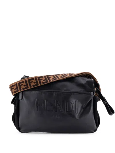 Pre-owned Fendi Logo Diaper Bag Nylon Crossbody Bag In Black
