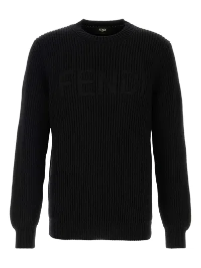Fendi Wool Crew Neck Sweater Long Sleeves Ribbed In Black