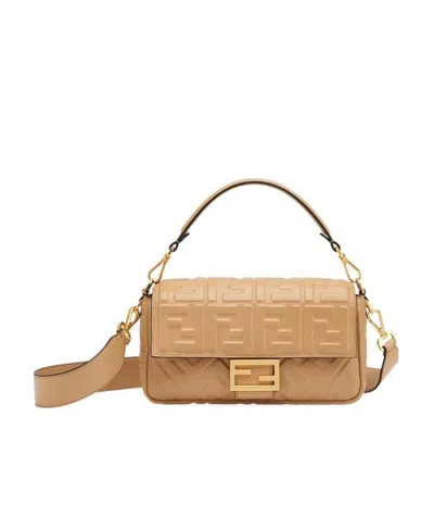 Fendi Logo Embossed Flip Shoulder Bag In Nude