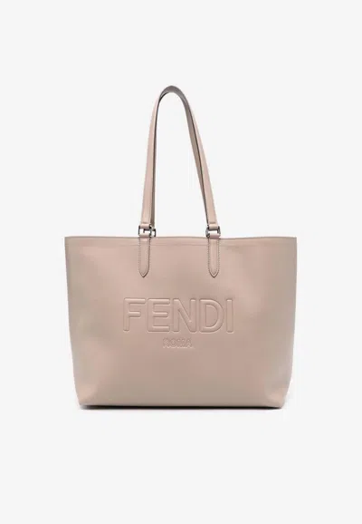 Fendi Logo Embossed Leather Tote Bag
