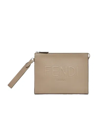 Fendi Logo Embossed Zipped Pouch In Nude