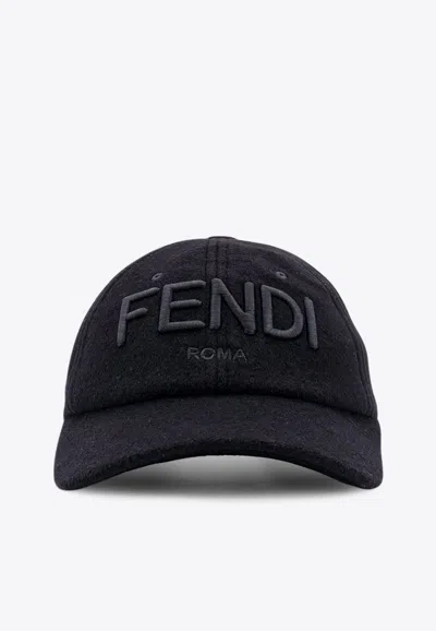 Fendi Men Wool Blend Baseball Hat With Logo Embroidery In Black