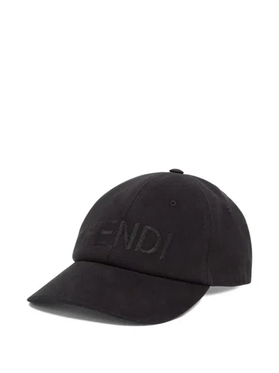 Fendi Men Wool Blend Baseball Hat With Logo Embroidery In Black