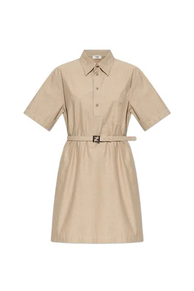 Fendi Logo Embroidered Belted Mini Dress In Beige