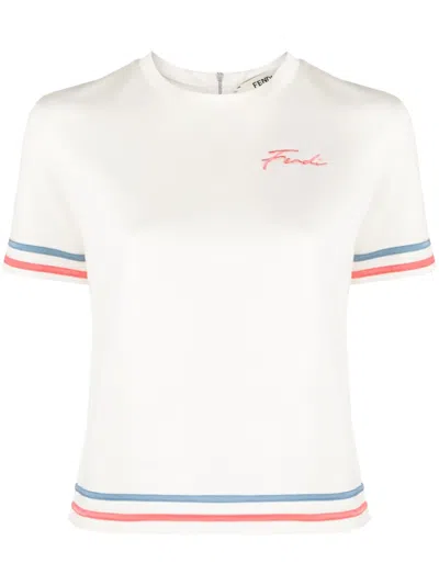 Fendi Logo-embroidered Cotton-blend T-shirt In White