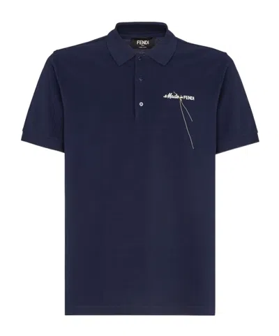 Fendi Logo-embroidered Cotton Polo Shirt In Blue