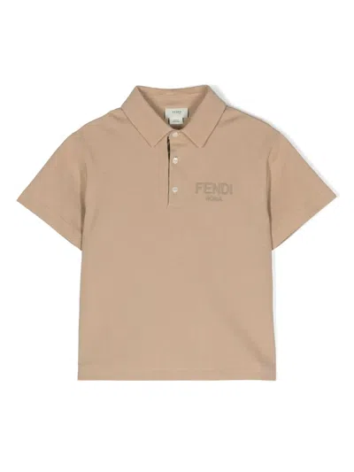 Fendi Kids' Logo-embroidered Cotton Polo Shirt In Neutrals