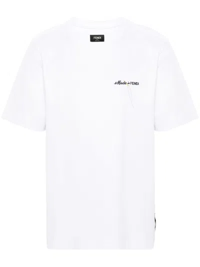 FENDI WHITE LOGO-EMBROIDERED COTTON T-SHIRT