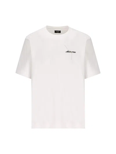 Fendi Logo Embroidered Crewneck T-shirt In Bianco