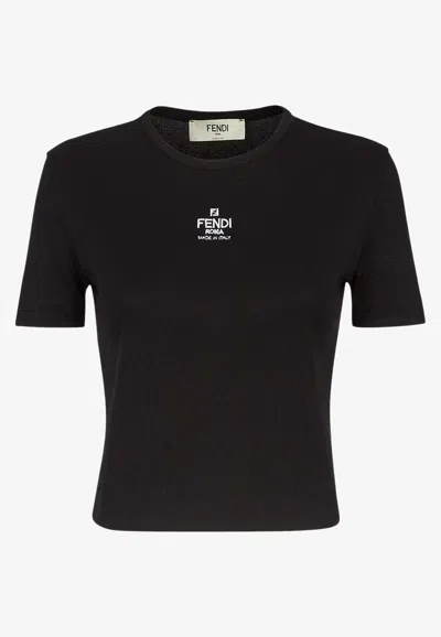 Fendi Logo Embroidered Cropped T-shirt In Black